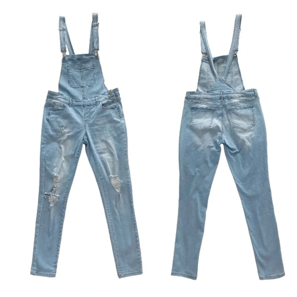 Wax Jeans Women's Juniors Ankle Length Skinny Leg Denim Overalls - Picture 3 of 15